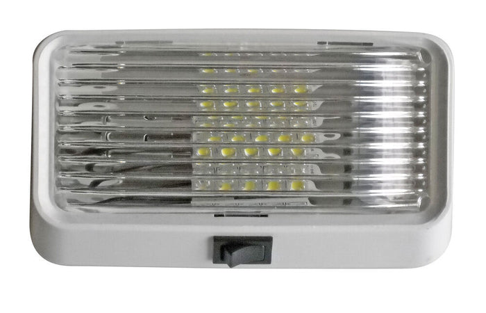 White Valterra DG52723VP LED Porch Light with Clear Lens and Toggle Switch - Front View | United RV Parts