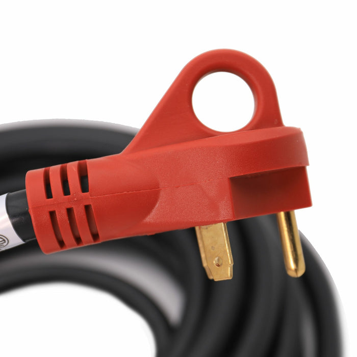 Valterra A10-3025ED 30 Amp RV Power Cord Red Finger-Grip Handle with Gold-Plated Prongs - Close-Up Detail | United RV Parts