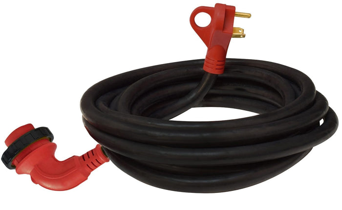 Black Valterra 30 Amp RV Power Cord with Red 90-Degree Connectors - Coiled View | United RV Parts