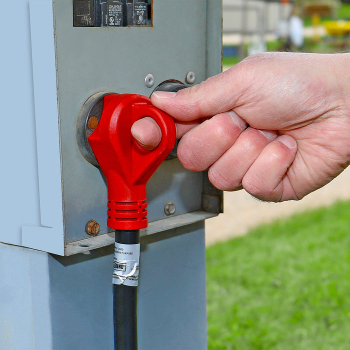 Valterra 30 Amp RV Power Cord A10-3025ED Plugged Into Campsite Pedestal Breaker Box - In-Use Lifestyle | United RV Parts