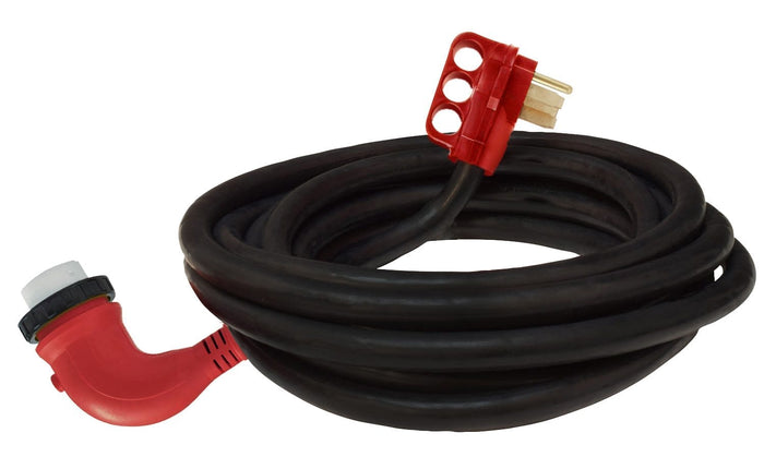 Black 50 Amp RV Power Cord with Red 90 Degree Twist Lock Connectors - Coiled View | United RV Parts