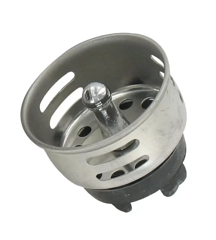 Stainless Steel RV Sink Strainer Basket - Angled View Showing Perforated Bowl and Center Post | United RV Parts