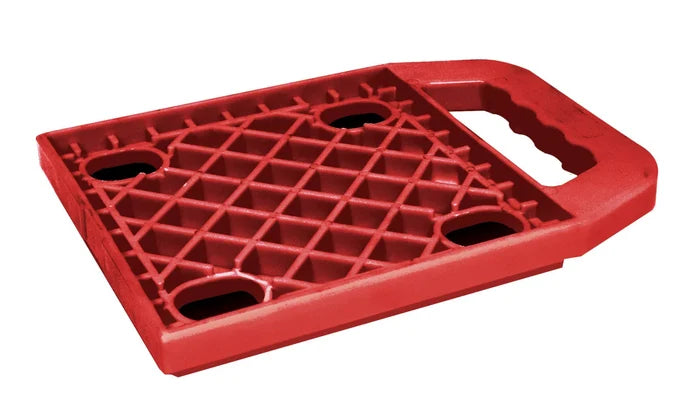 Red Plastic RV Stabilizer Jack Pad with Grid Surface and Handle - Top Angle | United RV Parts