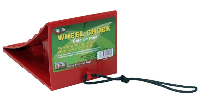 Red Heavy-Duty Plastic Valterra Wheel Chock A10-0908 with Rope Handle - Angled View | United RV Parts