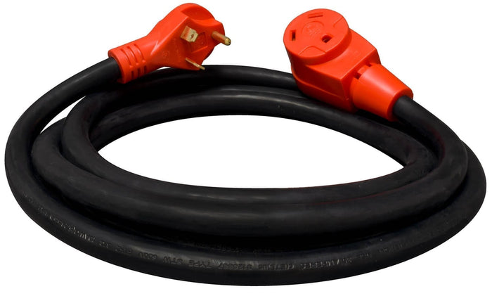 Black Rubber 30 Amp RV Extension Cord with Red Connectors - Coiled View | United RV Parts