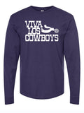 Viva Los Cowboys Longsleeve in navy blue featuring bold white lettering, perfect for showing Texas pride. An ideal Texas themed gift, this shirt is a fantastic choice for anyone looking for Texas Made Gifts, unique souvenirs from Texas, or a dallas souvenir that captures the spirit of Texan gifts.