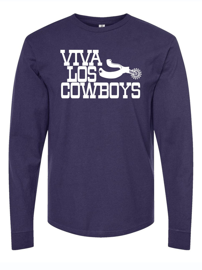 Viva Los Cowboys Longsleeve in navy blue featuring bold white lettering, perfect for showing Texas pride. An ideal Texas themed gift, this shirt is a fantastic choice for anyone looking for Texas Made Gifts, unique souvenirs from Texas, or a dallas souvenir that captures the spirit of Texan gifts.