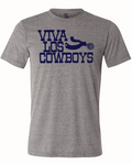 Gray tshirt with graphic design of a cowboy spur next to text reading "Viva Los Cowboys" in navy letters.