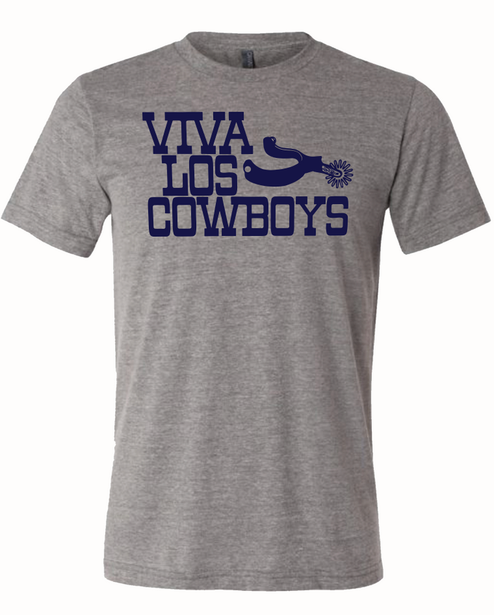 Gray tshirt with graphic design of a cowboy spur next to text reading "Viva Los Cowboys" in navy letters.