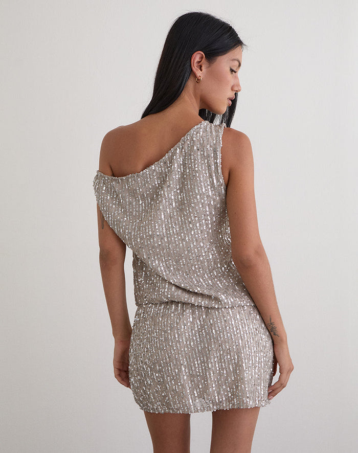 Image of Vora One Shoulder Mini Dress in Sequin Nude