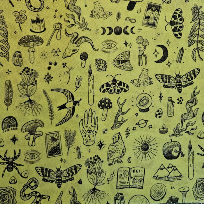 Pattern of black illustrations on a yellow green background
