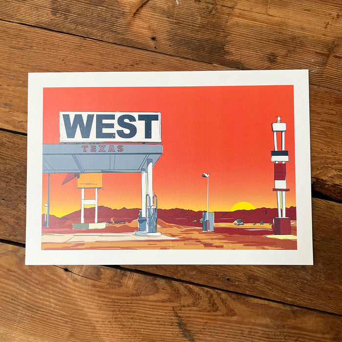 WEST TX Art Print showcasing a vibrant sunset scene with a vintage gas station in West, Texas. This unique art piece makes a perfect Texas themed gift, ideal for collectors of Texas Made Gifts, and as a memorable souvenir from Texas, especially for those looking for dallas souvenir and texan gifts.