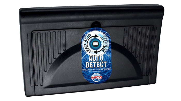 Black WFCO Auto-Detect Power Converter - Front Panel View with Lithium Battery Logo | United RV Parts
