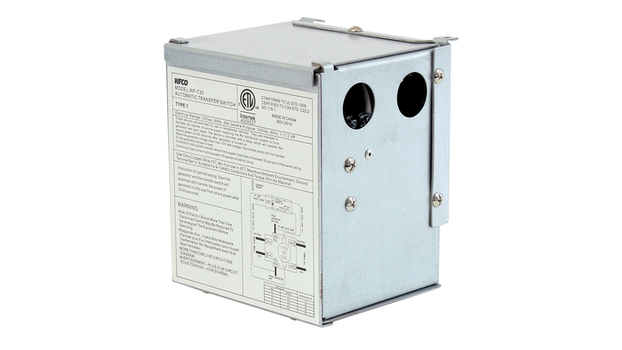 WFCO T-30 30 Amp Transfer Switch - 3/4 View with Specification Label | United RV Parts