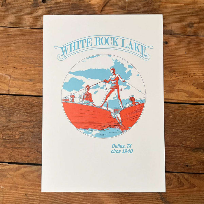 WHITE ROCK Art Print featuring a vintage illustration of people enjoying White Rock Lake in Dallas, TX, circa 1940. A perfect Texas themed gift and a great addition to your collection of Texas Made Gifts, this art print serves as a delightful souvenir from Texas or a charming dallas souvenir, making it an ideal choice for anyone searching for unique texan gifts.