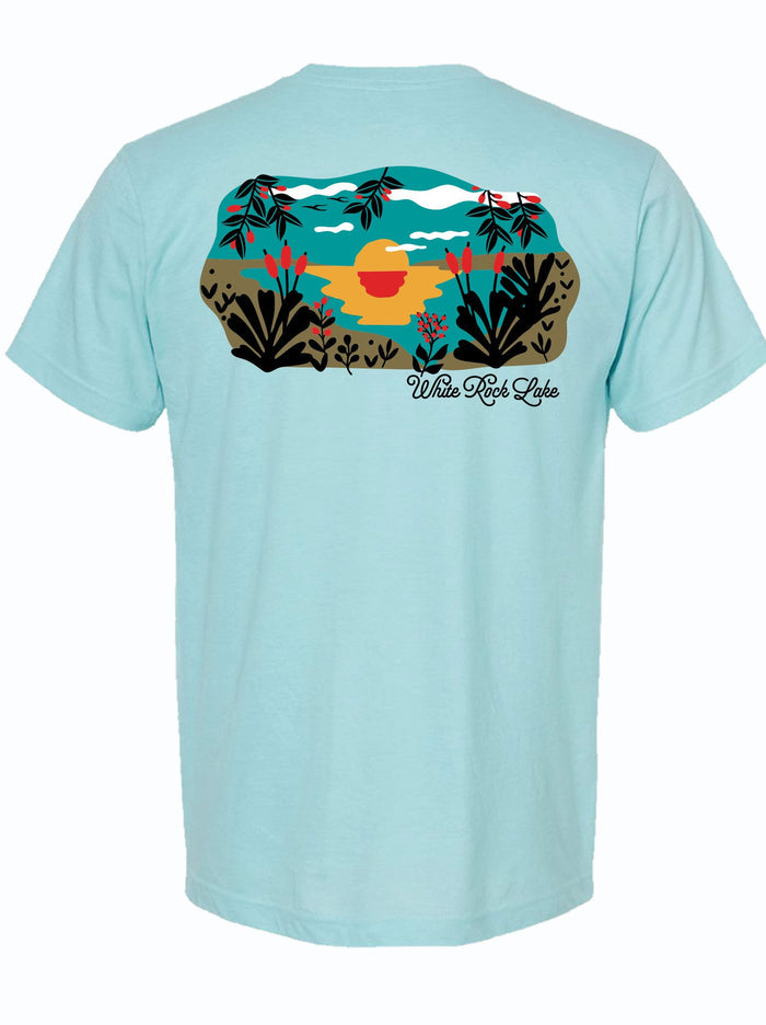 Back view of a light blue tshirt with a graphic design of a lake at sunset and the text "White Rock Lake" underneath.