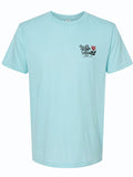 Front view of a light blue tshirt with a graphic design of a flower next to text reading "White Rock Dallas" in black letters.