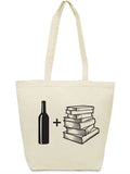 Wine + Books Tote Bag featuring a wine bottle next to a stack of books, perfect for carrying essentials. This stylish tote is ideal for lovers of literature and wine, making it a great Texas themed gift or Texan gift. A must-have souvenir from Texas, this Dallas souvenir embodies the spirit of Texas Made Gifts.