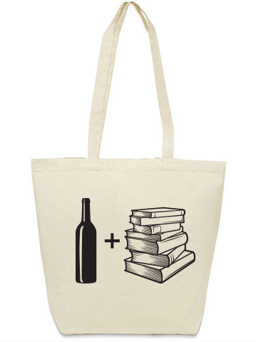 Wine + Books Tote Bag featuring a wine bottle next to a stack of books, perfect for carrying essentials. This stylish tote is ideal for lovers of literature and wine, making it a great Texas themed gift or Texan gift. A must-have souvenir from Texas, this Dallas souvenir embodies the spirit of Texas Made Gifts.