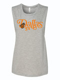 Women's Butterfly Dallas Muscle Tank featuring vibrant orange lettering and a butterfly design, perfect as a Texas themed gift. Ideal for those looking for Texas Made Gifts, souvenirs from Texas, or a stylish Dallas souvenir that embodies Texan gifts.