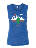 Women's Cactus Muscle Tank showcasing a vibrant blue color with a playful cactus and skyline design, perfect as a Texas themed gift or a Dallas souvenir; ideal for anyone who loves Texas made gifts and Texan gifts.