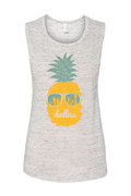 Women's Dallas Pineapple Muscle Tank featuring a fun pineapple graphic with sunglasses, perfect for summer vibes. This stylish tank top makes a great Texas themed gift and is ideal for anyone searching for Texas Made Gifts, unique souvenirs from Texas, or a memorable dallas souvenir, making it a top choice among texan gifts.