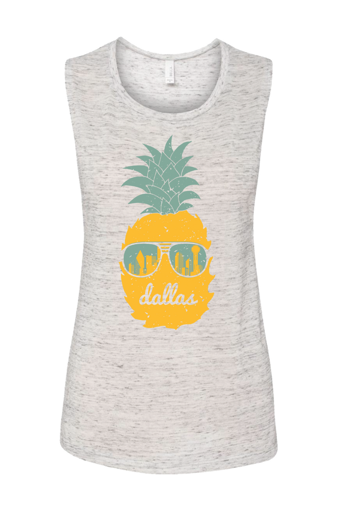 Women's Dallas Pineapple Muscle Tank featuring a fun pineapple graphic with sunglasses, perfect for summer vibes. This stylish tank top makes a great Texas themed gift and is ideal for anyone searching for Texas Made Gifts, unique souvenirs from Texas, or a memorable dallas souvenir, making it a top choice among texan gifts.