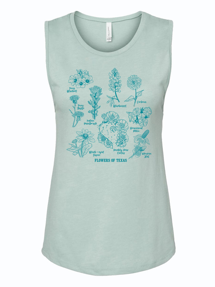 Women's Flowers of Texas Muscle Tank featuring floral designs and the phrase 'Flowers of Texas'. A perfect Texas themed gift that showcases Texas made gifts, ideal as souvenirs from Texas or a Dallas souvenir, making great Texan gifts for any occasion.