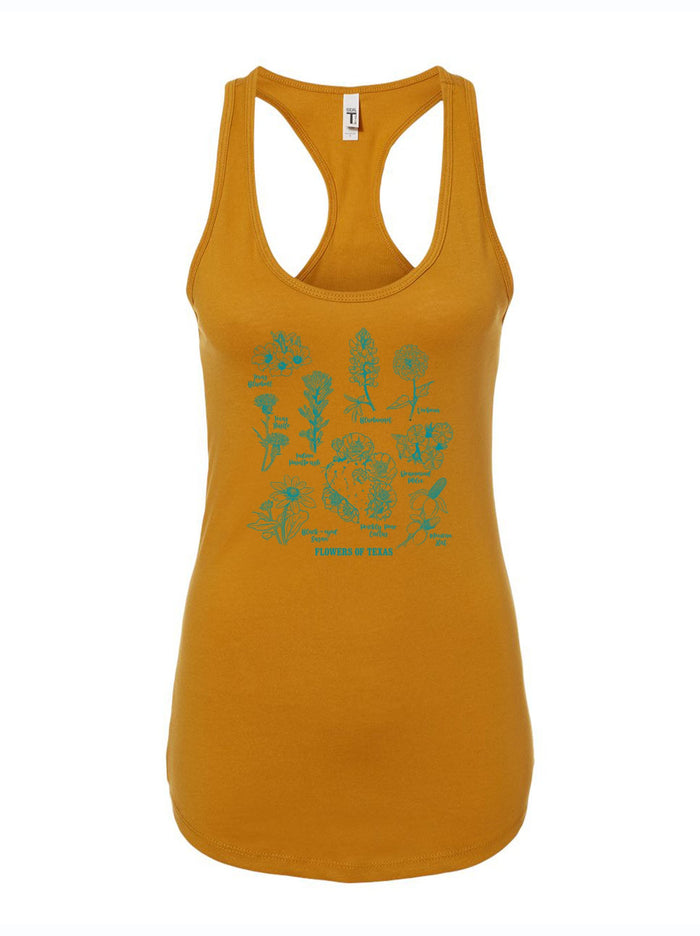 Women's Flowers of Texas Racer Tank in vibrant mustard color featuring floral designs, perfect for summer wear. This Texas themed gift is an ideal souvenir from Texas, showcasing unique Texas made gifts for those who love Texan culture.