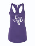 Women's Icons Texas Silhouette Racer Tank, featuring Texas-themed designs in white on a purple background, perfect for showing off Texas pride. A great Texas themed gift, this racerback tank is an ideal addition to any Texan gifts collection or souvenirs from Texas, especially for fans of Dallas.