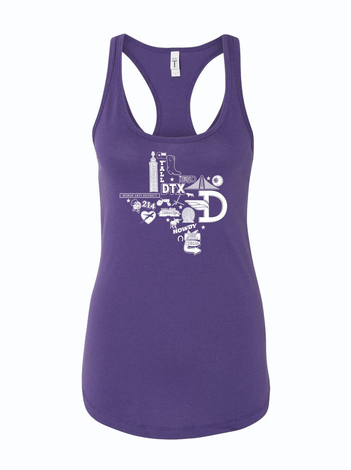 Women's Icons Texas Silhouette Racer Tank, featuring Texas-themed designs in white on a purple background, perfect for showing off Texas pride. A great Texas themed gift, this racerback tank is an ideal addition to any Texan gifts collection or souvenirs from Texas, especially for fans of Dallas.