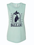 Women's Mystic Dallas Muscle Tank in mint color featuring a stylish design with the word 'DALLAS' and a plant graphic. Perfect as a Texas themed gift, this tank top embodies the spirit of Texas with its relaxed fit and is an ideal souvenir from Texas, making it a great addition to any Texan gifts collection.