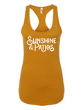 Women's Sunshine and Patios Racer Tank in a vibrant yellow color, perfect for sunny outings, showcasing the Texas theme. This stylish tank is an ideal Texas themed gift, great for anyone who loves Texas Made Gifts, and makes for a memorable souvenir from Texas, particularly for those who appreciate Dallas souvenirs and Texan gifts.