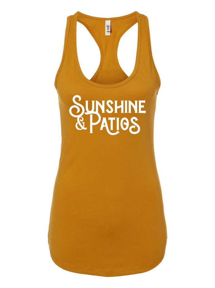 Women's Sunshine and Patios Racer Tank in a vibrant yellow color, perfect for sunny outings, showcasing the Texas theme. This stylish tank is an ideal Texas themed gift, great for anyone who loves Texas Made Gifts, and makes for a memorable souvenir from Texas, particularly for those who appreciate Dallas souvenirs and Texan gifts.