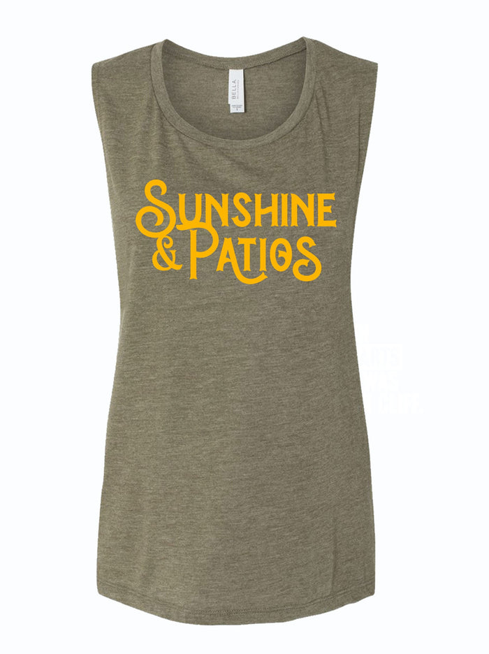 Women's Sunshine & Patios Muscle Tank featuring a stylish design, perfect as a Texas themed gift or a souvenir from Texas. Ideal for fans of Texas Made Gifts and a great choice for those looking for unique texan gifts or a dallas souvenir.