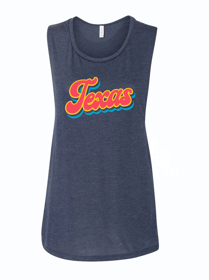 Women's Texas Script Muscle Tank featuring a vibrant retro 'Texas' print, perfect for casual wear and great as a Texas themed gift, Texas Made Gifts, or a souvenir from Texas, ideal for those looking for a dallas souvenir or texan gifts.