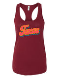 Women's Texas Script Racer Tank in maroon featuring a vibrant 'Texas' design, perfect for showing Texas pride. Ideal as a Texas themed gift or a souvenir from Texas, this tank top is a great choice for anyone looking for texan gifts or dallas souvenirs.