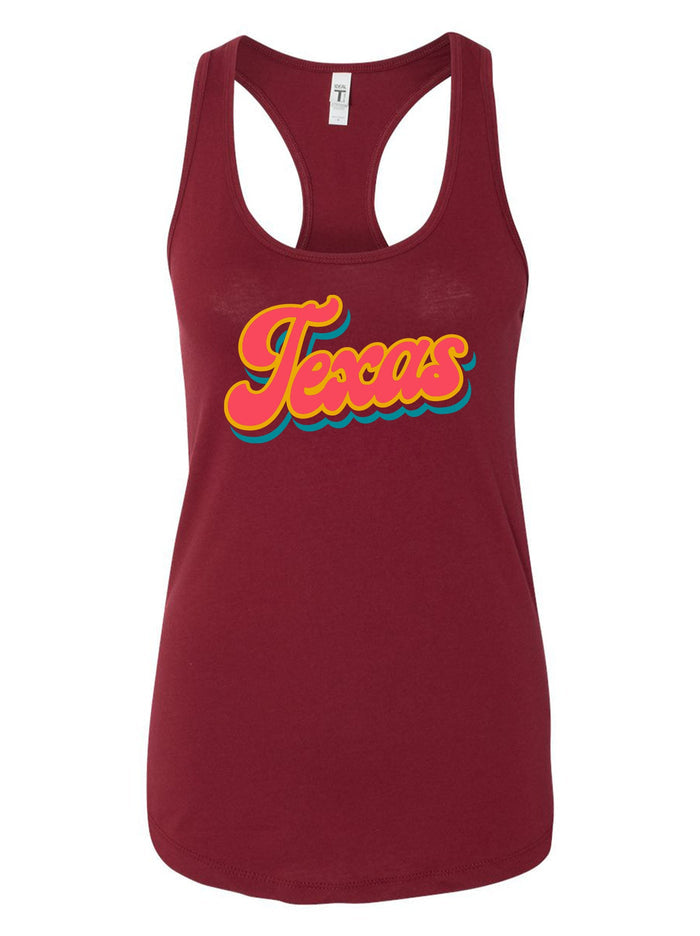 Women's Texas Script Racer Tank in maroon featuring a vibrant 'Texas' design, perfect for showing Texas pride. Ideal as a Texas themed gift or a souvenir from Texas, this tank top is a great choice for anyone looking for texan gifts or dallas souvenirs.