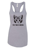 Women's The Time Is Meow Racer Tank featuring a playful cat graphic, perfect for cat lovers and Texas themed gifts. A great choice among Texas Made Gifts, this stylish tank is ideal for showing off Texan pride, making it a unique souvenir from Texas and a must-have dallas souvenir.