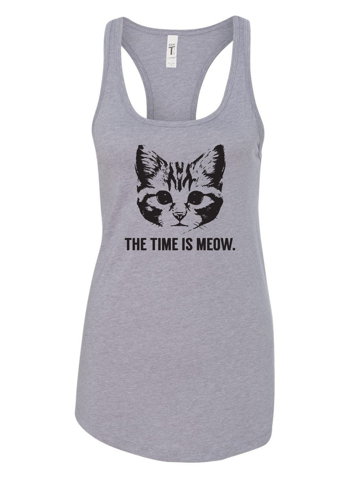 Women's The Time Is Meow Racer Tank featuring a playful cat graphic, perfect for cat lovers and Texas themed gifts. A great choice among Texas Made Gifts, this stylish tank is ideal for showing off Texan pride, making it a unique souvenir from Texas and a must-have dallas souvenir.