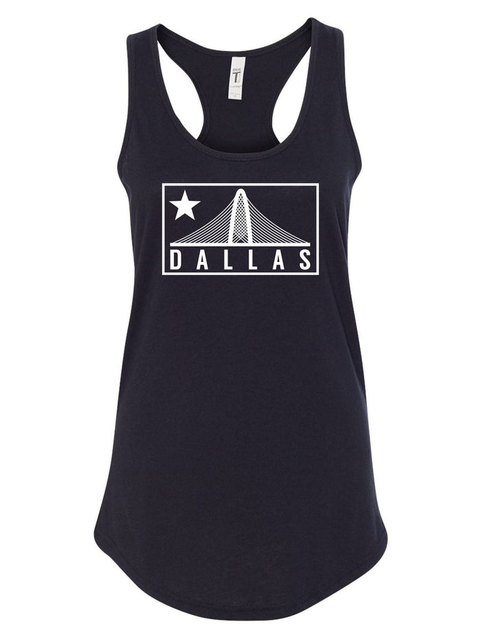 Women's The Trinity Racer Tank featuring a stylish Dallas design with a star and bridge, perfect for showcasing your love for Texas. Ideal for casual wear and as a Texas themed gift, this tank top makes a great addition to any wardrobe for Texans and visitors alike. Perfect for souvenirs from Texas and celebrating local pride.