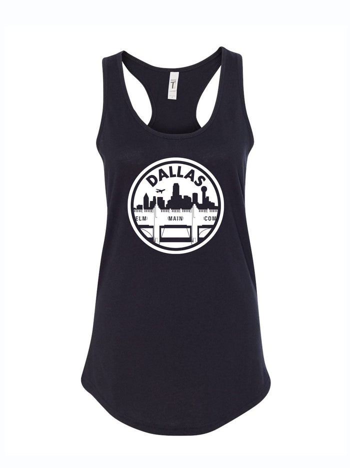 Women's Triple Underpass Racer Tank featuring a Dallas skyline design, perfect for showing Texas pride. A great Texas themed gift, this tank top makes an ideal choice for souvenirs from Texas, ideal for anyone looking for Texan gifts or Dallas souvenirs.