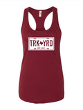 Truck Yard License Plate Racer Tank in maroon, featuring a stylish Texas-themed design, perfect as a Texas themed gift or souvenir from Texas, ideal for those who love dallas souvenirs and texan gifts.
