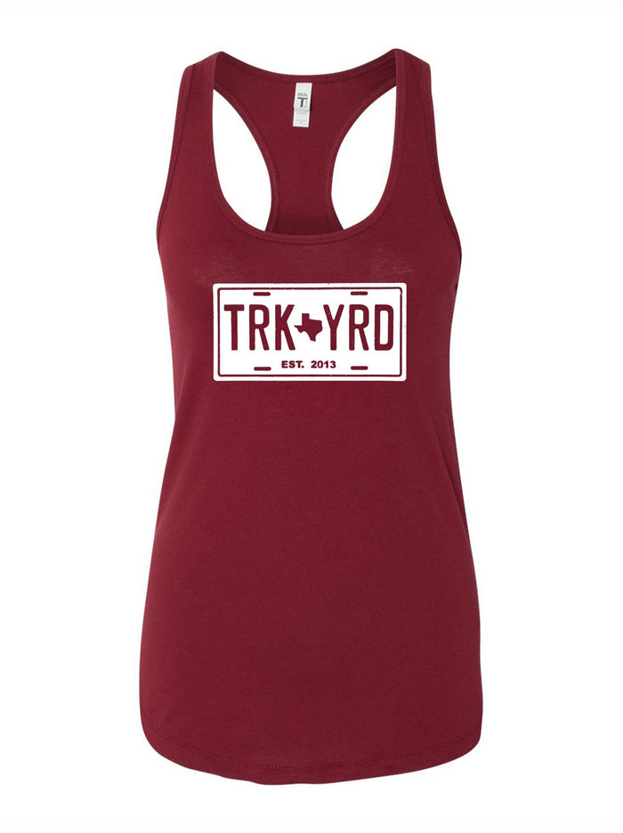Truck Yard License Plate Racer Tank in maroon, featuring a stylish Texas-themed design, perfect as a Texas themed gift or souvenir from Texas, ideal for those who love dallas souvenirs and texan gifts.