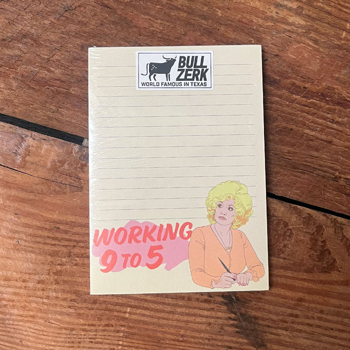 The Working 9 to 5 Notepad features a retro-inspired design with an illustration of a woman writing, perfect for anyone looking for Texas themed gifts. Created by Bullzerk, this notepad is a great choice for Texas Made Gifts, souvenirs from Texas, or a unique Dallas souvenir that embodies Texan gifts.