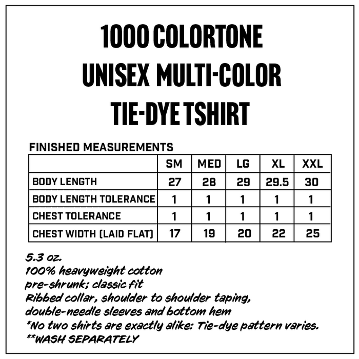 Measurement chart for 1000 Colortone Unisex multi-color tie dye t-shirt with size chart and fabric details.