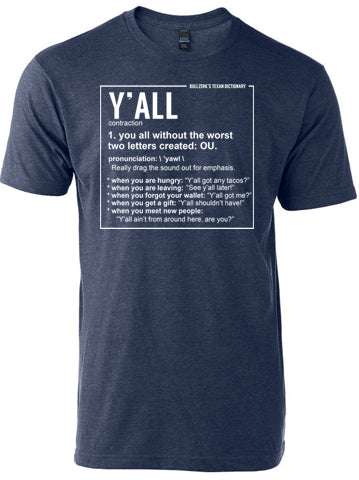 Denim blue tshirt with graphic design of a definition for the word "Y'all" in white letters.