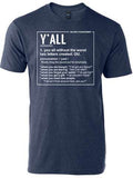 Denim blue tshirt with graphic design of a definition for the word "Y'all" in white letters.