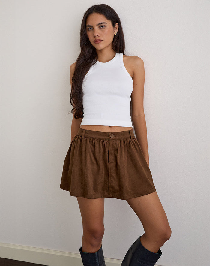Image of Yonca Frill Mini Skort in Suede Brown