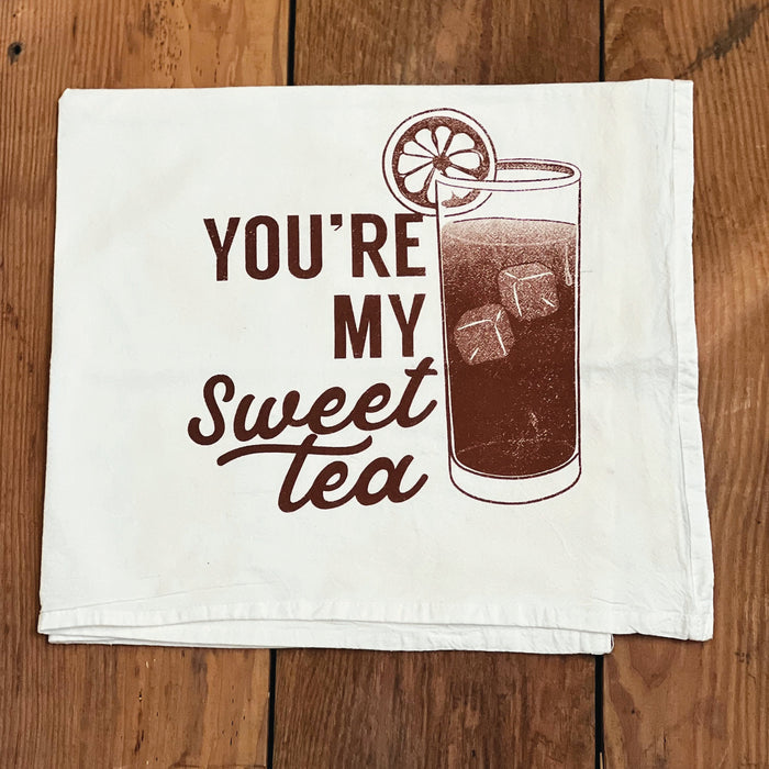 You're My Sweet Tea Tea Towel featuring a graphic of an iced tea drink. This cute kitchen towel is a perfect Texas themed gift, showcasing Texas Made Gifts, ideal for souvenirs from Texas, and a great addition to any Dallas souvenir collection, perfect for Texan gifts.